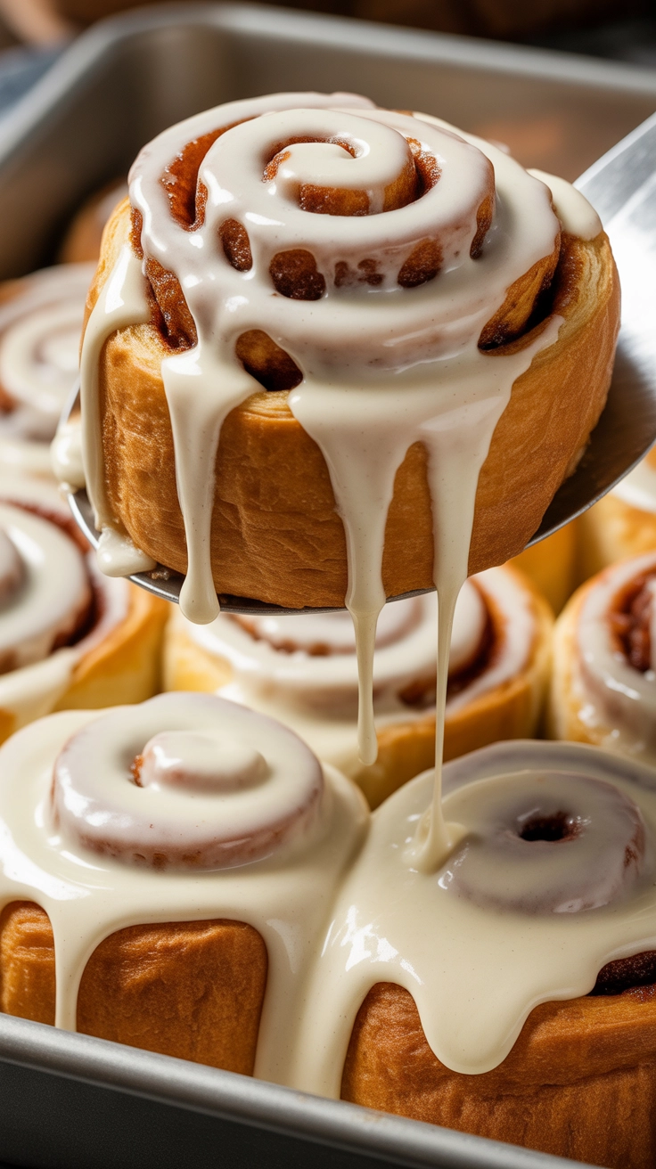 Ultimate Homemade Eggnog Cinnamon Rolls 4 Sticky, glazed eggnog cinnamon roll pulled from pan.