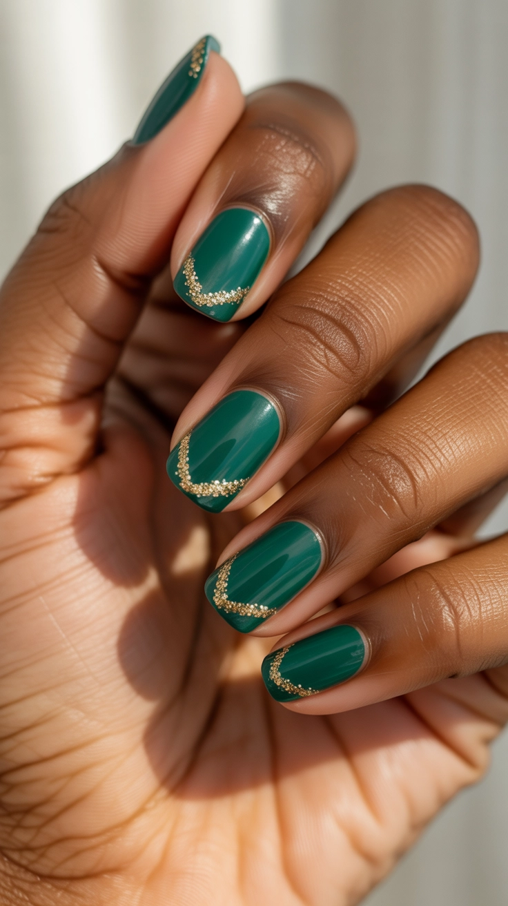 Emerald green manicure with a sharp, sparkling gold glitter chevron design placed at the base of the nail near the cuticle.