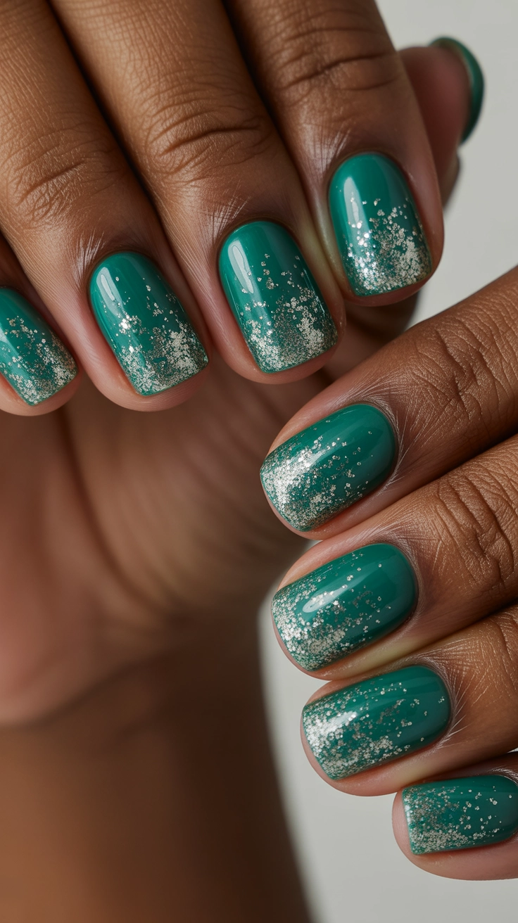 A vibrant emerald green manicure that transitions into a sparkly silver glitter ombré at the tips for a festive, glittering look.