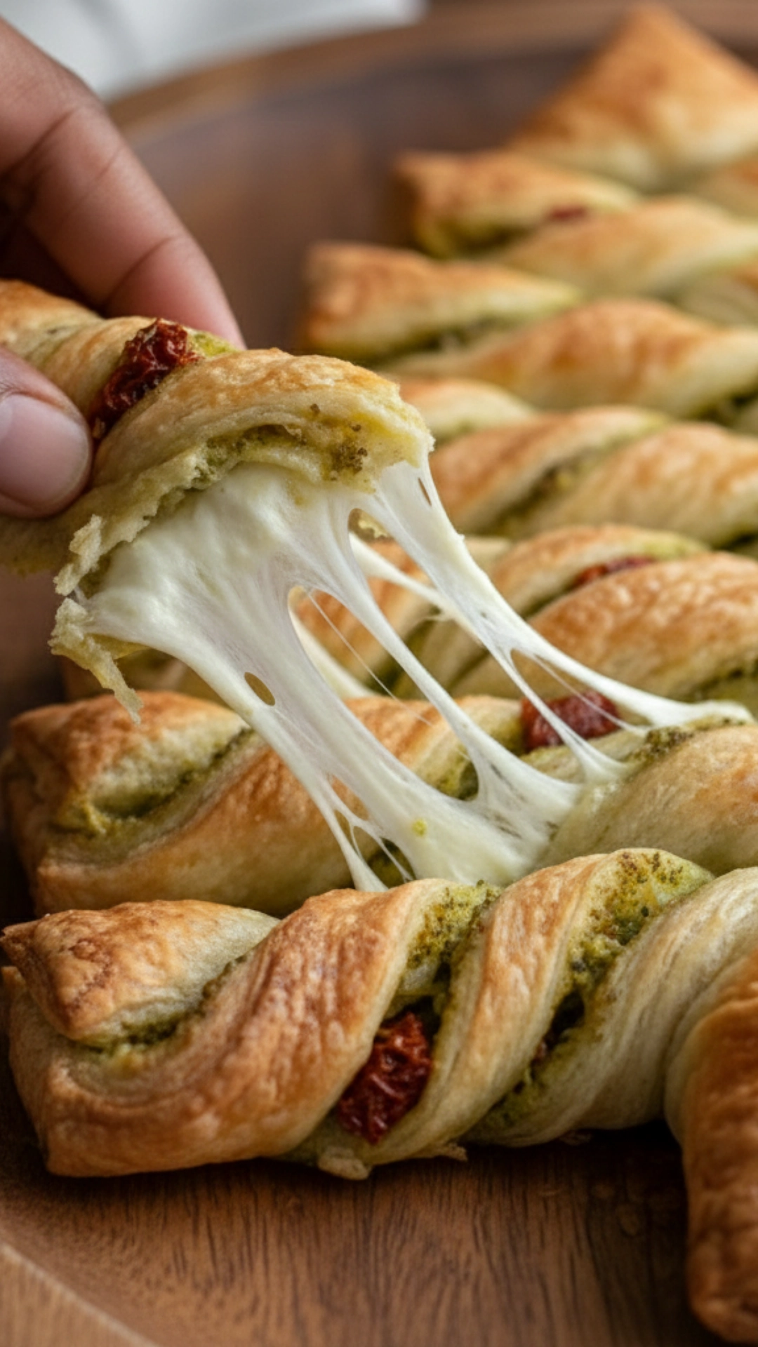 A close-up of a hand gently pulling off a twisted branch from the baked puff pastry tree.