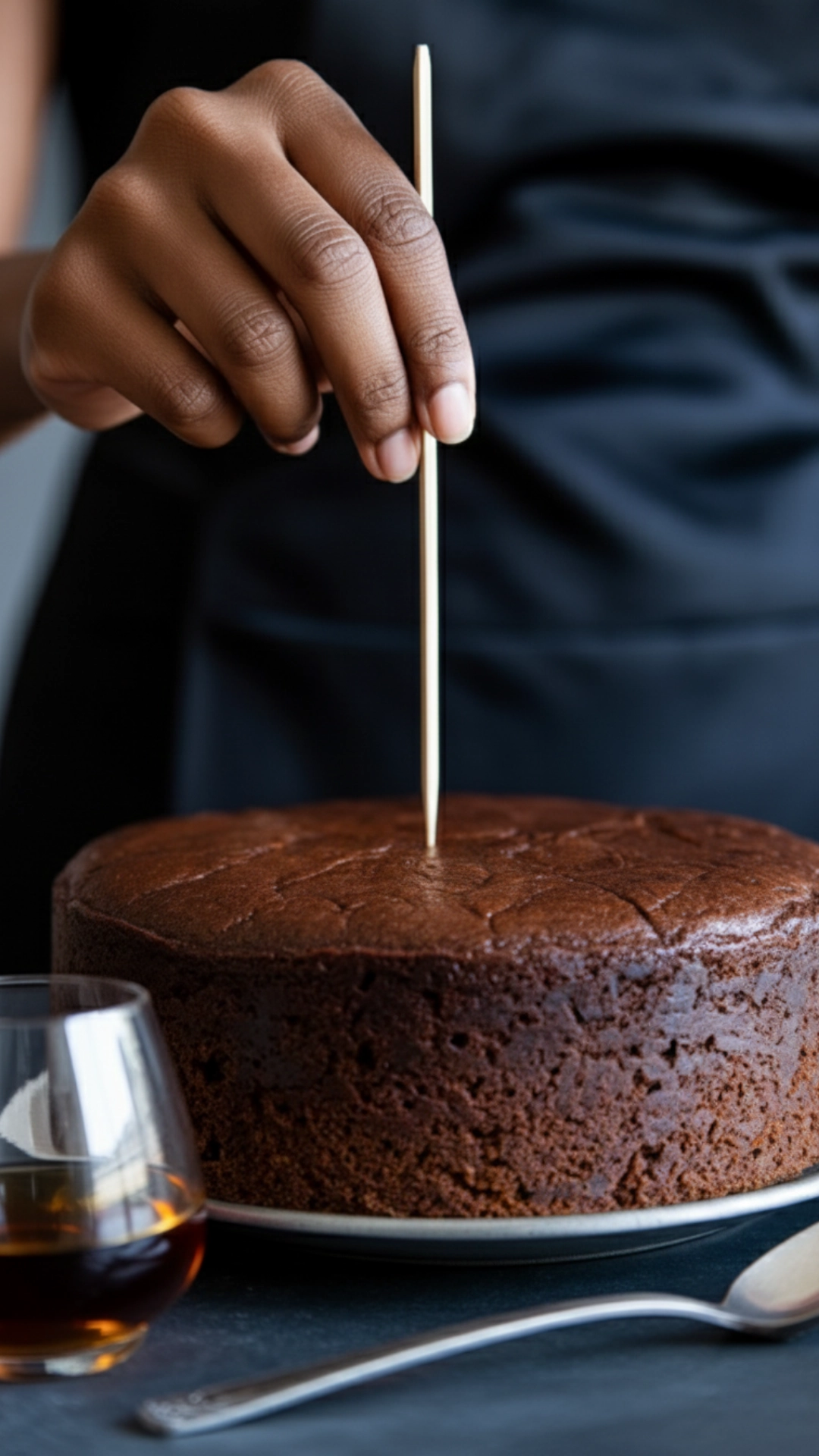 A hand shown feeding a Christmas Cake, poking holes in the top with a skewer to add brandy.