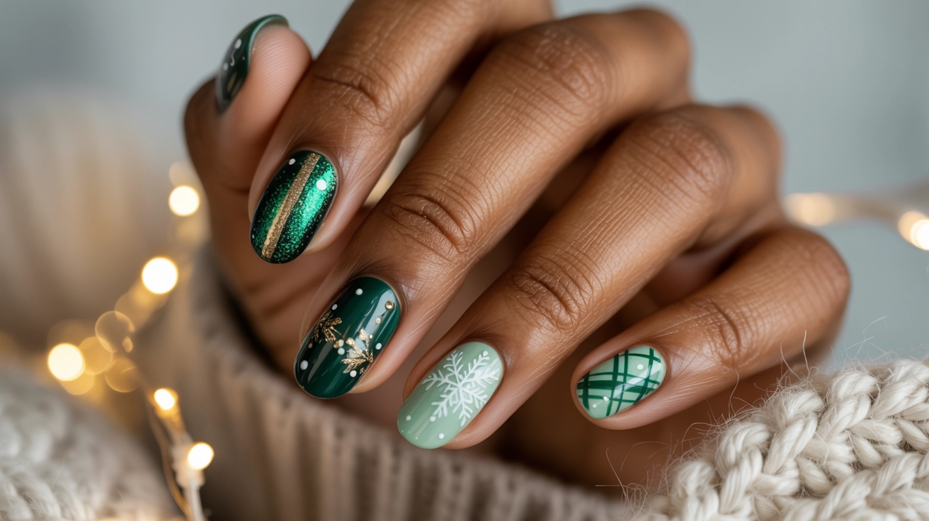 A close-up of a festive manicure featuring various Green Christmas Nails designs, including emerald green with gold foil, mint green with white snowflakes, and a hunter green plaid pattern, set against a cozy, blurred holiday background.