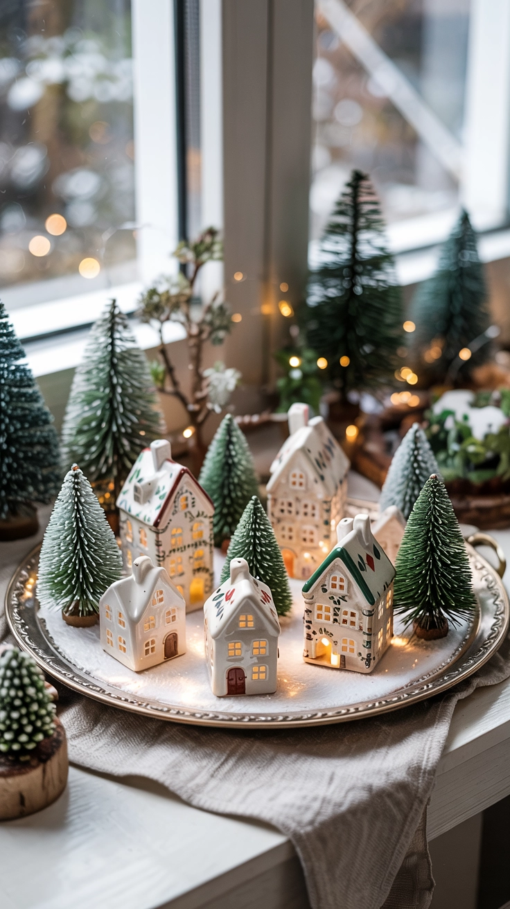 A detailed windowsill display featuring a miniature Christmas village scene with small ceramic houses, tiny trees, and fake snow arranged on a decorative tray.