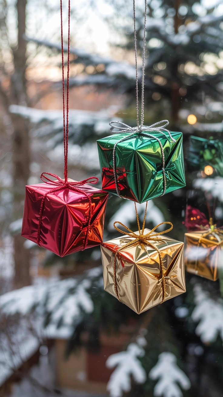 Small, shiny red, green, and gold wrapped empty gift boxes hanging magically suspended by clear fishing line in front of a window, creating a whimsical floating display.