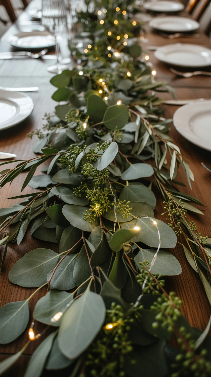 A vibrant table centerpiece featuring a thick garland made from fresh eucalyptus and olive branches with small fairy lights woven into the greenery.