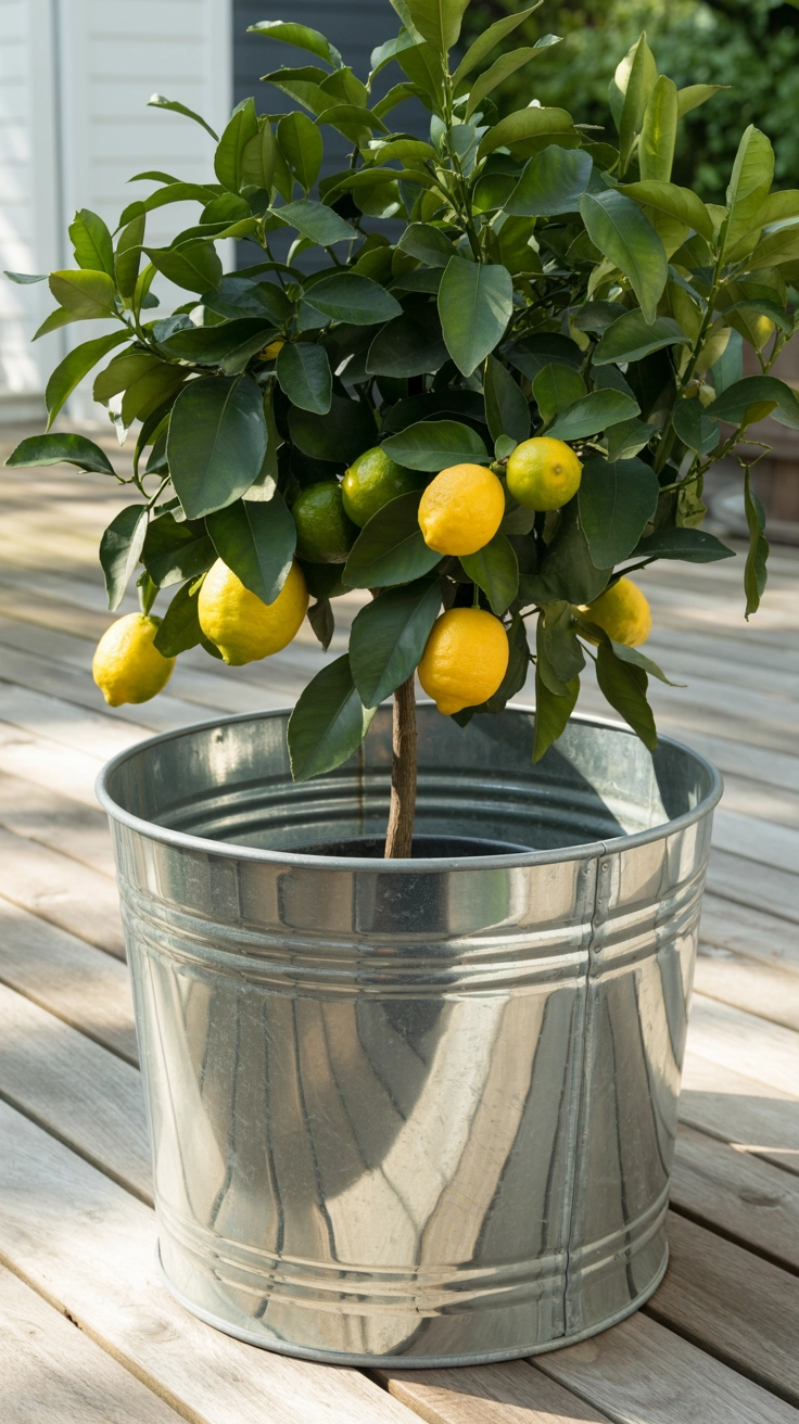 22 Deck Planter Ideas to Transform Your Outdoor Space 8 Large, shiny galvanized metal tub used as a planter for a small lemon tree on a wooden deck.