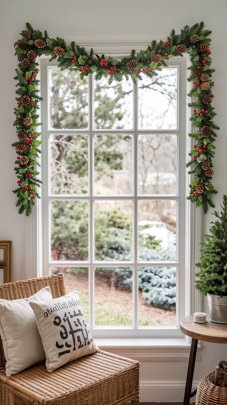 A thick Christmas garland, enhanced with pinecones and berries, draped across the top of an interior window frame, serving as a decorative border.