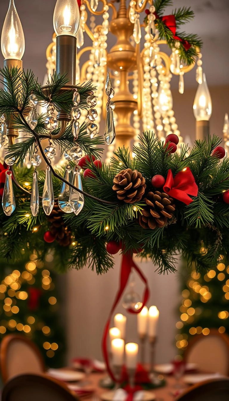 20 Festive Christmas Chandelier Decorating Ideas 14 Garland chandelier decor