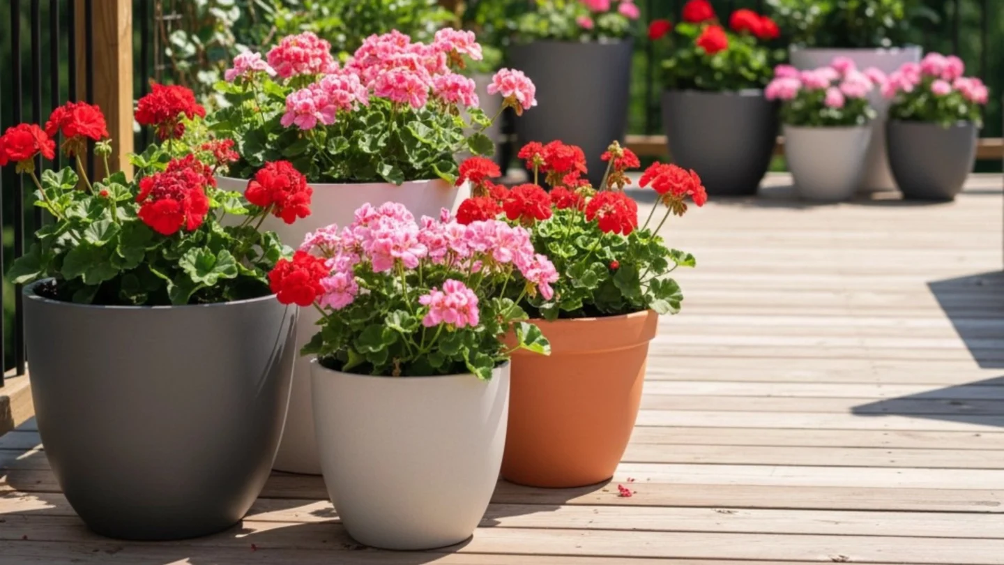 22 Deck Planter Ideas to Transform Your Outdoor Space 1 Genius Deck Planter Ideas: vibrant geraniums in modern planters on a wooden deck with layered vertical gardens and tiered shelving visible.