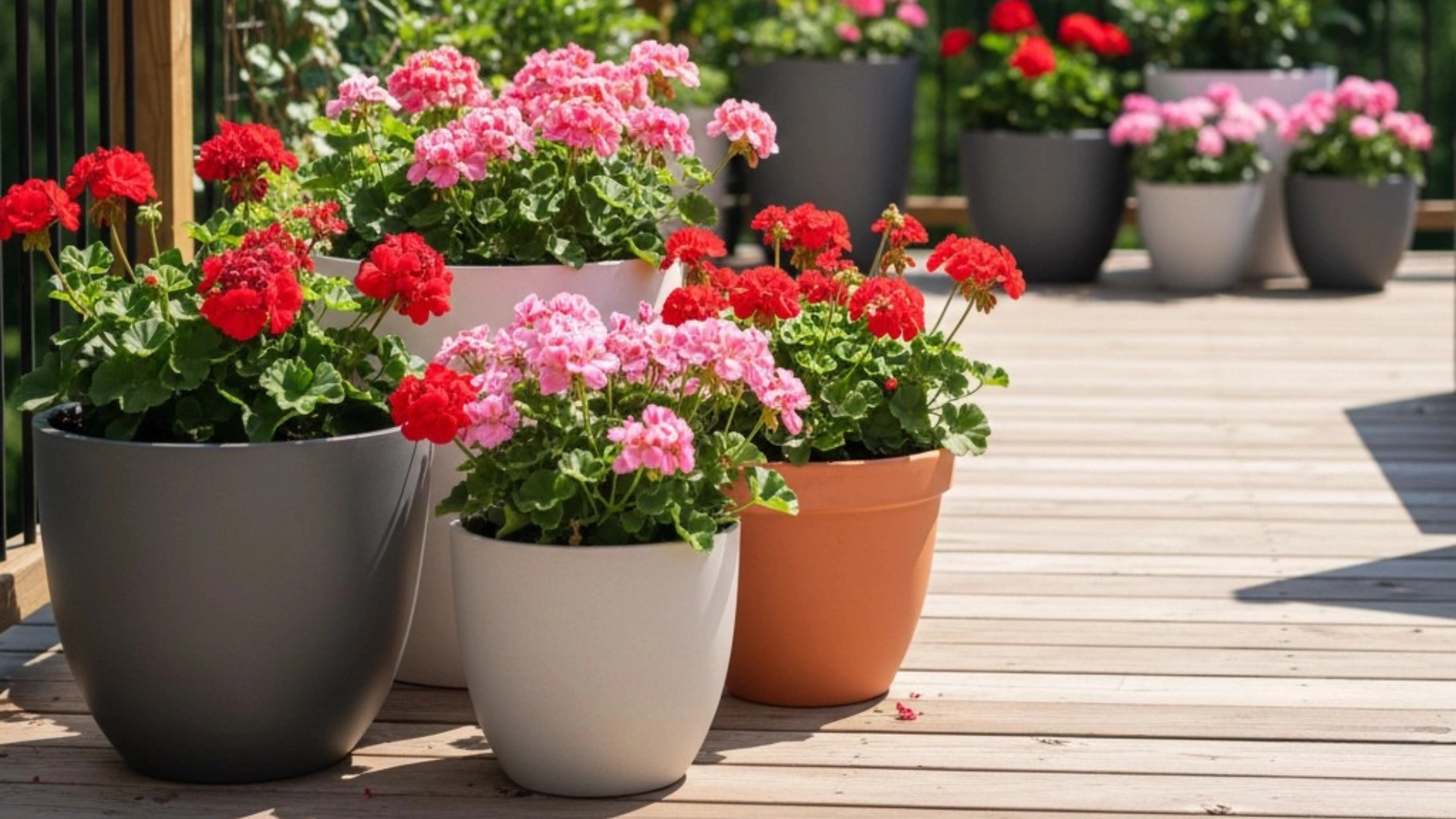 Genius Deck Planter Ideas: vibrant geraniums in modern planters on a wooden deck with layered vertical gardens and tiered shelving visible.