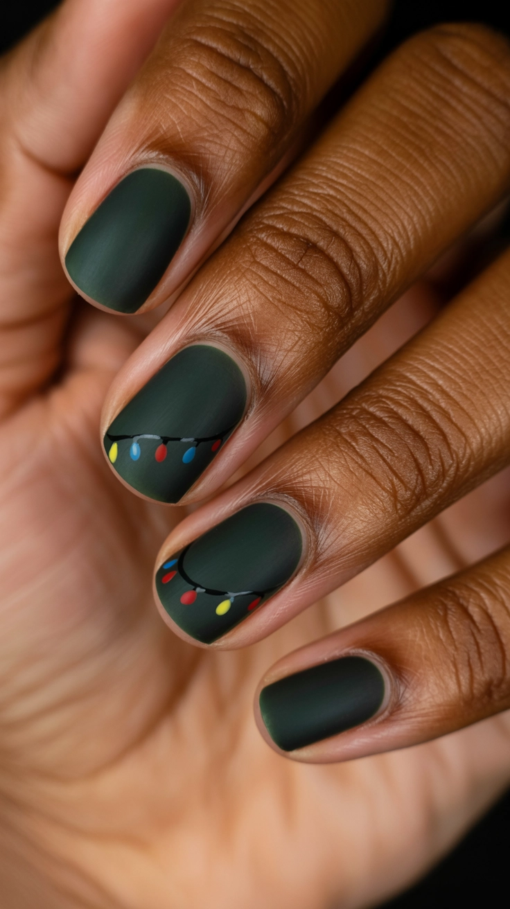 Nails painted a dark, midnight green, featuring a playful design of a black string draped with tiny multicolored Christmas light bulbs.