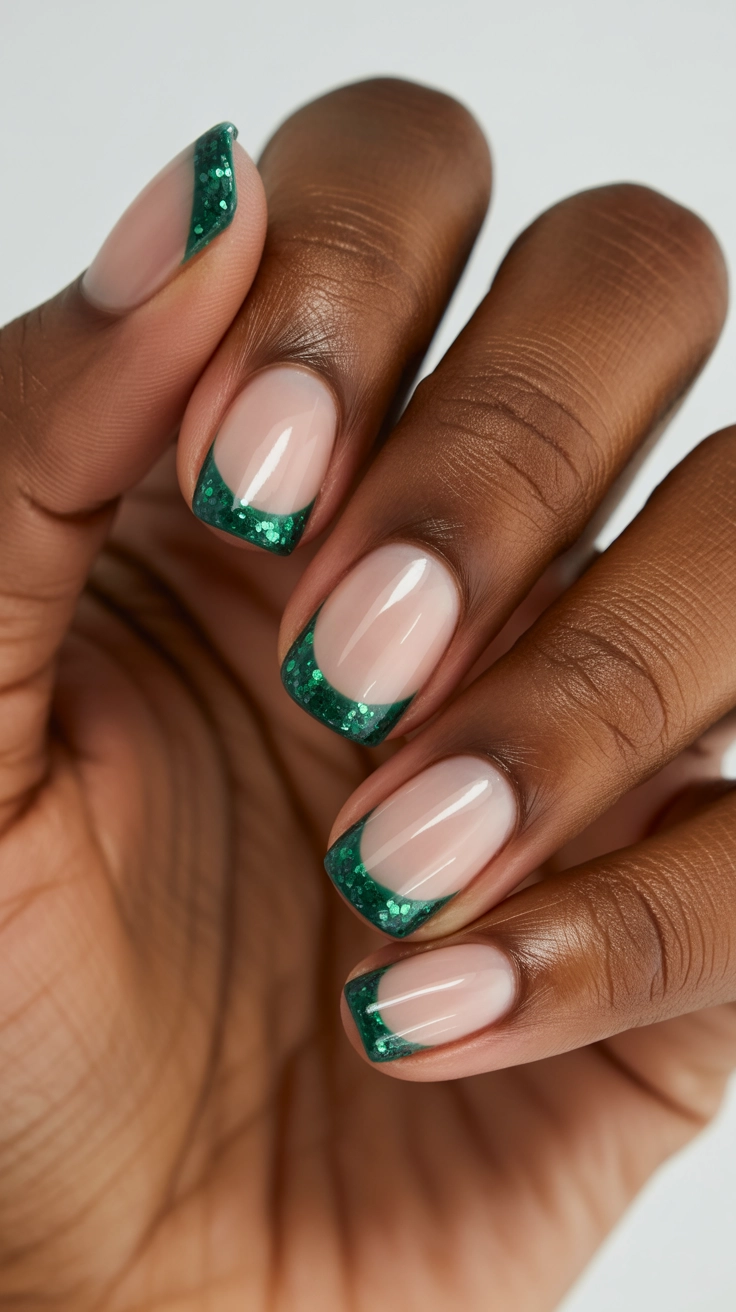 A French manicure with clear nail beds and tips dipped in a bright, sparkling emerald green glitter polish for a festive look.