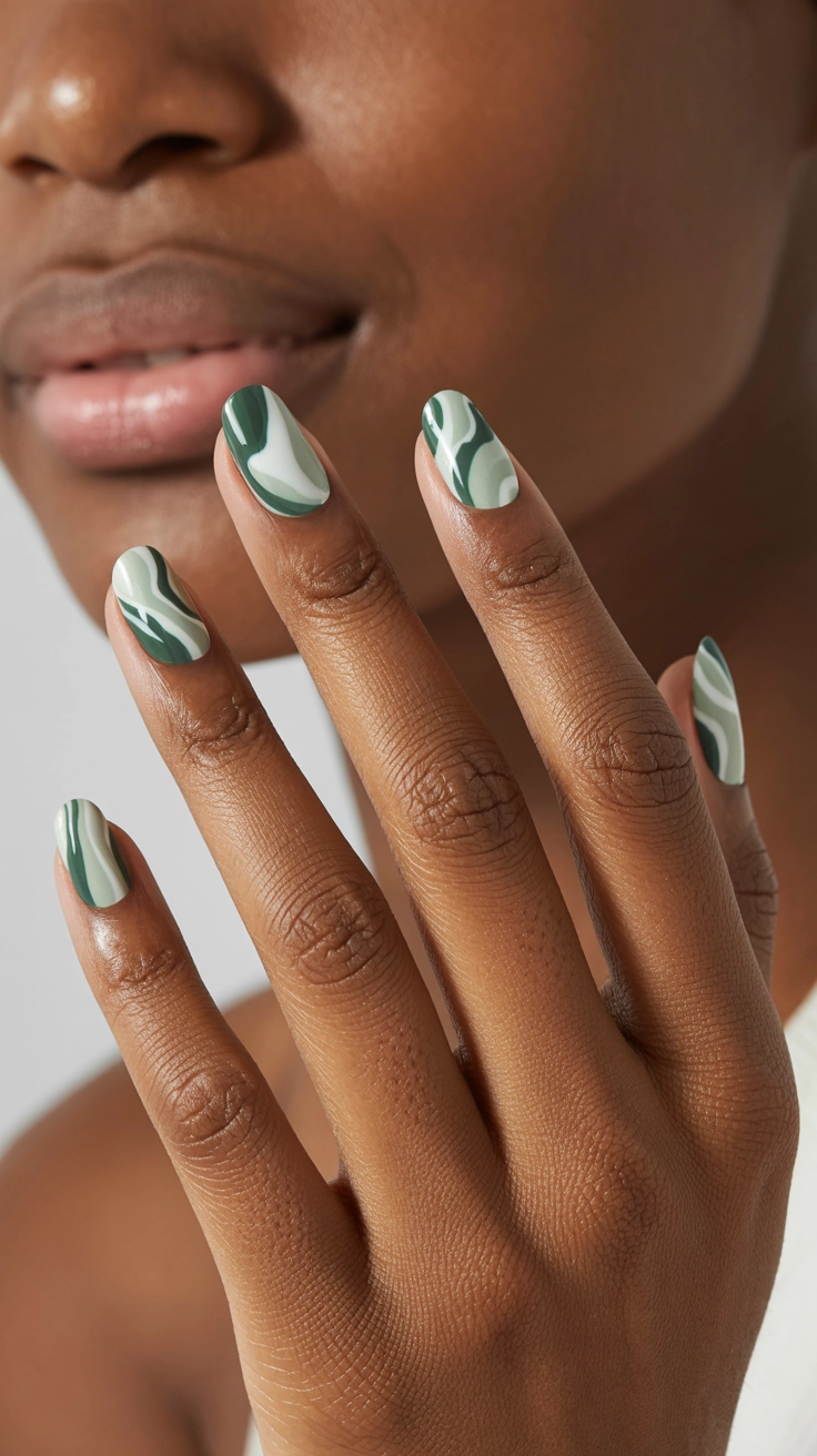 Nails featuring a modern, abstract marble design created by swirling together shades of sage green, forest green, and white polish.