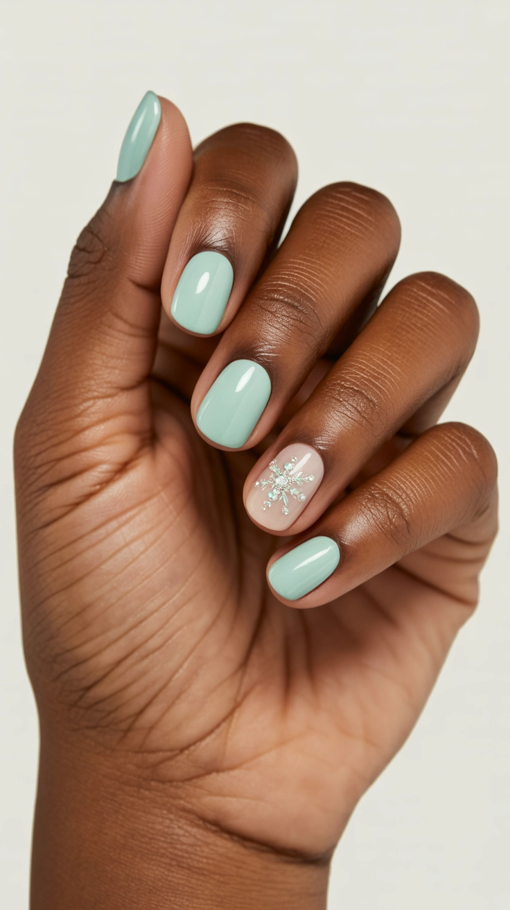 A clean, light sage green manicure accented with one or two sharp, thin, vertical white stripes on the nails for a minimalist look.
