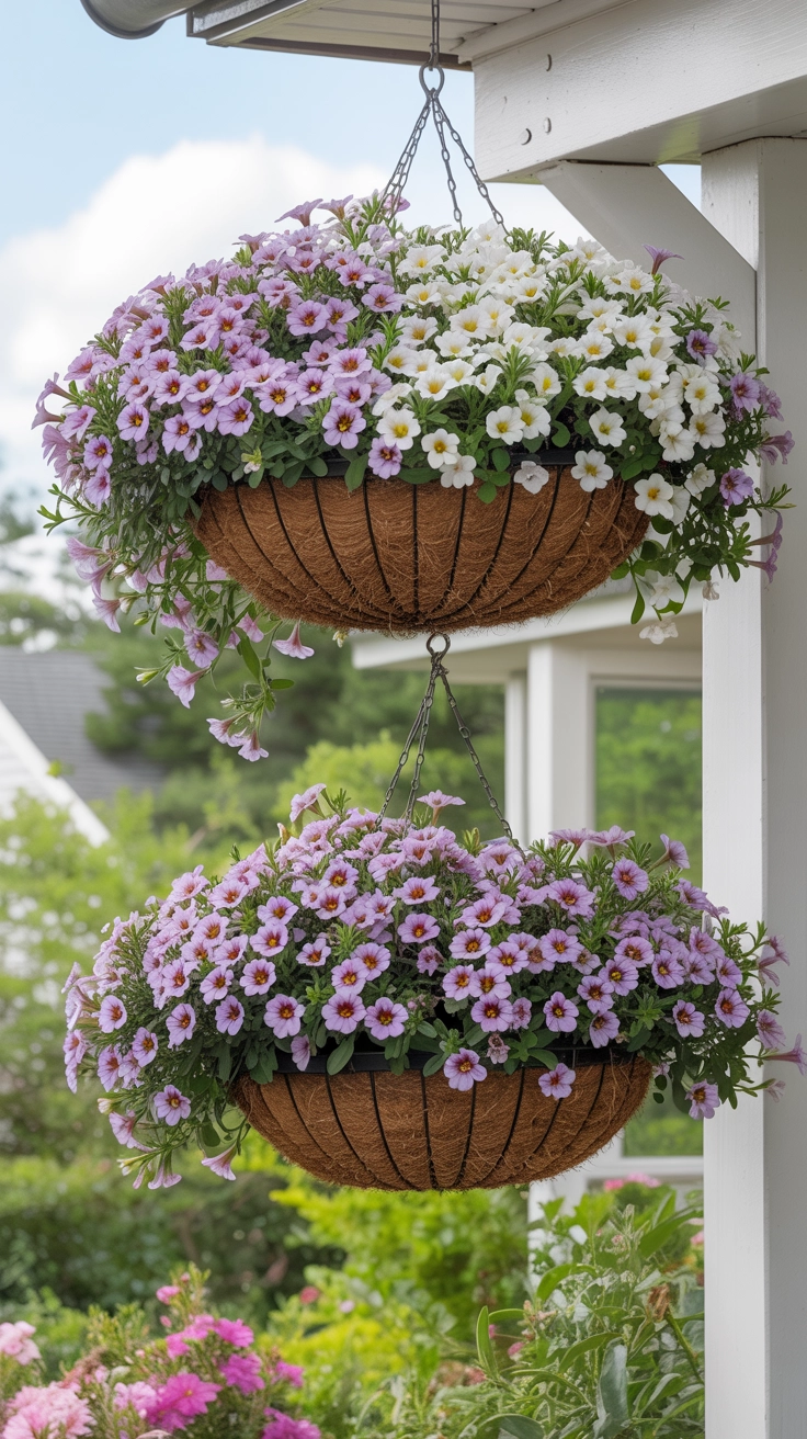 22 Deck Planter Ideas to Transform Your Outdoor Space 22 Two large wire hanging baskets overflowing with purple and white calibrachoa flowers.