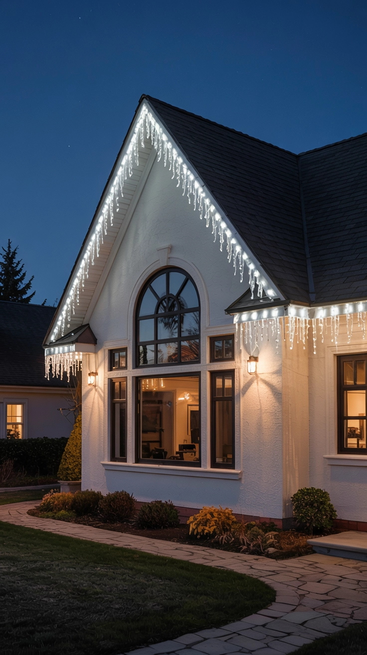 Bright white LED icicle lights strung along the edge of a roof above a window, illuminating the house exterior with a cool, sparkling Christmas light display.