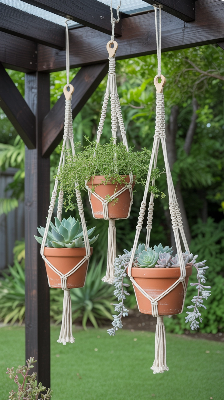 22 Deck Planter Ideas to Transform Your Outdoor Space 5 Three macramé plant hangers suspended from a pergola, holding terracotta pots with trailing green succulents.