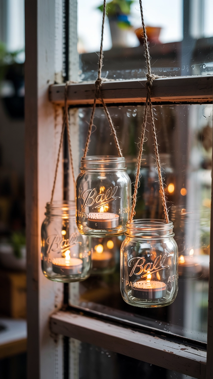 A creative display of three glass mason jars, each holding a warm LED light, suspended by rustic twine inside a dark window to act as charming, homemade Christmas luminaries.