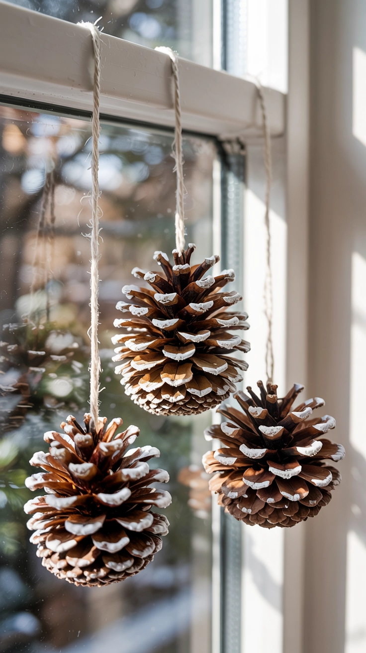 Three natural pinecones tied with white twine hanging at varied heights inside a window, adding a rustic, natural, and charming Christmas decoration.