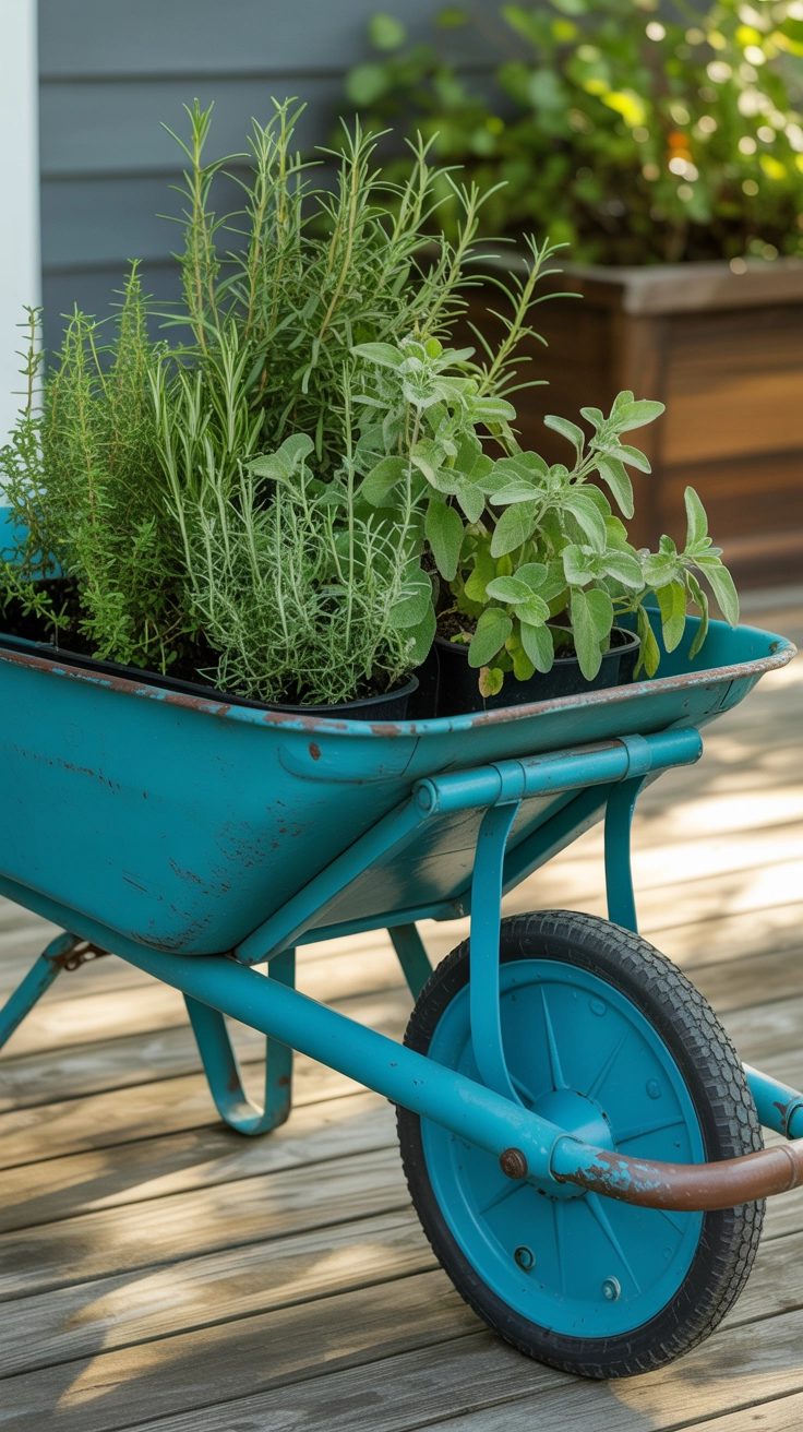 22 Deck Planter Ideas to Transform Your Outdoor Space 12 Antique wheelbarrow painted turquoise and used as a mobile garden bed for an assortment of culinary herbs.