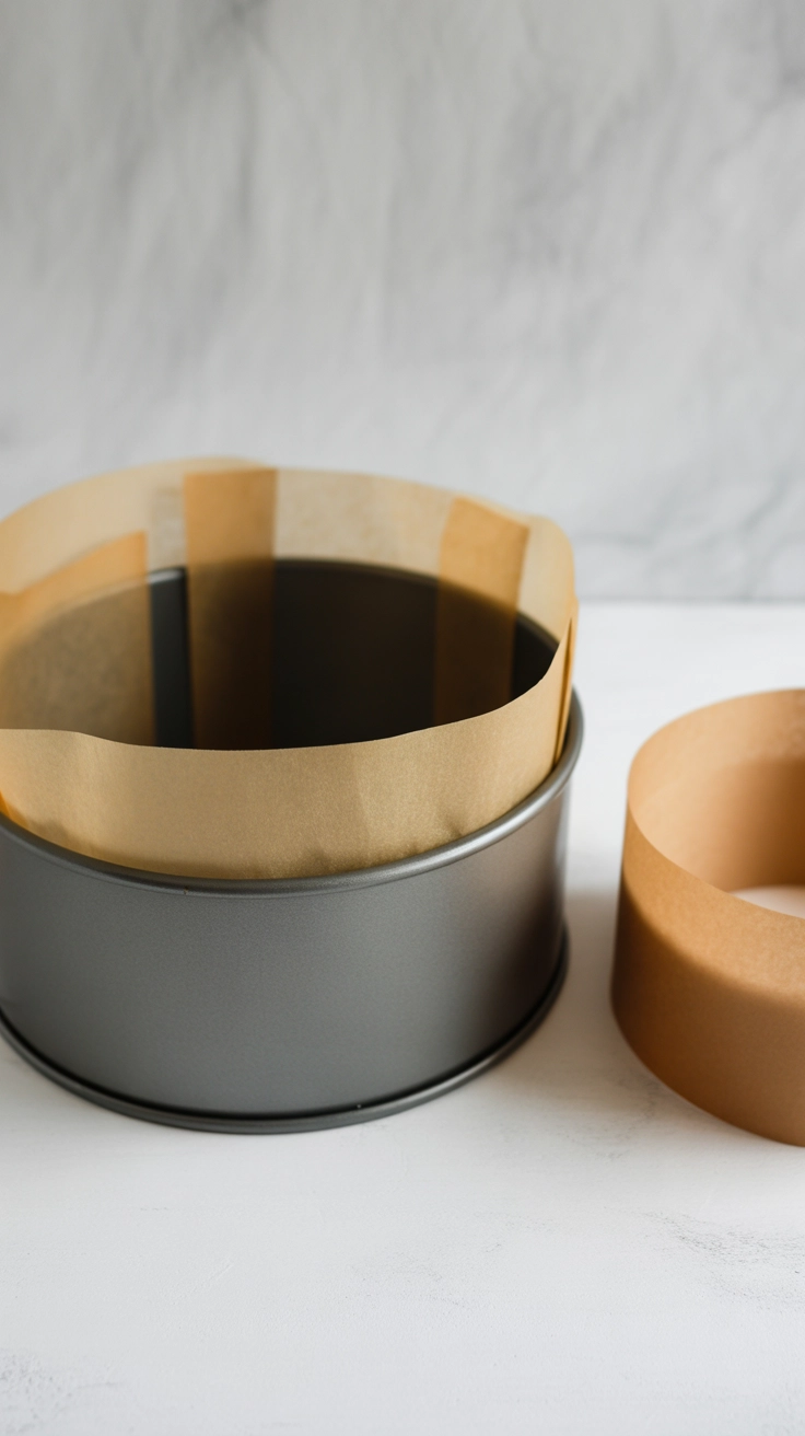 An 8-inch cake tin properly prepared for a Christmas Cake, showing the double-lining of parchment and outer brown paper insulation.