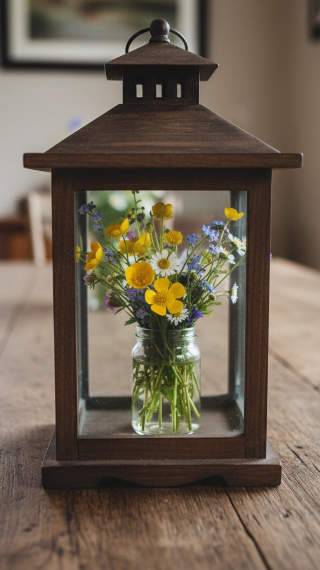 A wooden decorative lantern repurposed to hold a small jar of colorful wildflowers, serving as a charming centerpiece.