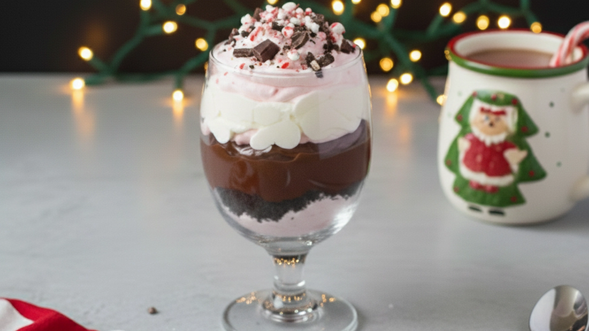 Layered chocolate peppermint bark parfaits in clear glasses.