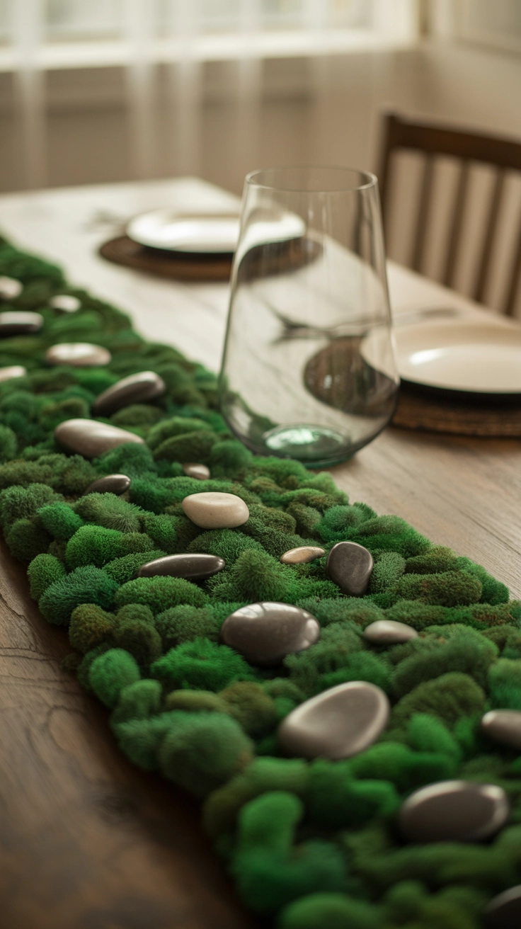 Detailed shot of a whimsical table centerpiece made from preserved green moss and scattered grey river stones.