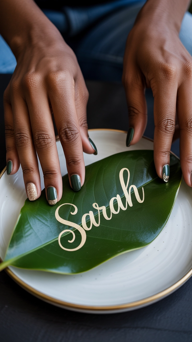 A woman placing a magnolia leaf with a guest's name written in gold ink onto a simple white dinner plate as a natural place card.