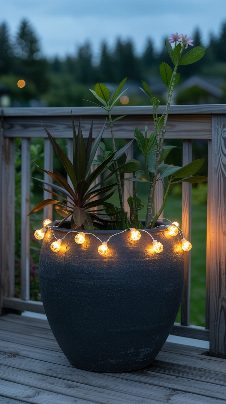 22 Deck Planter Ideas to Transform Your Outdoor Space 19 Large planter pot on a deck with warm, soft solar string lights wrapped around the top rim at twilight.