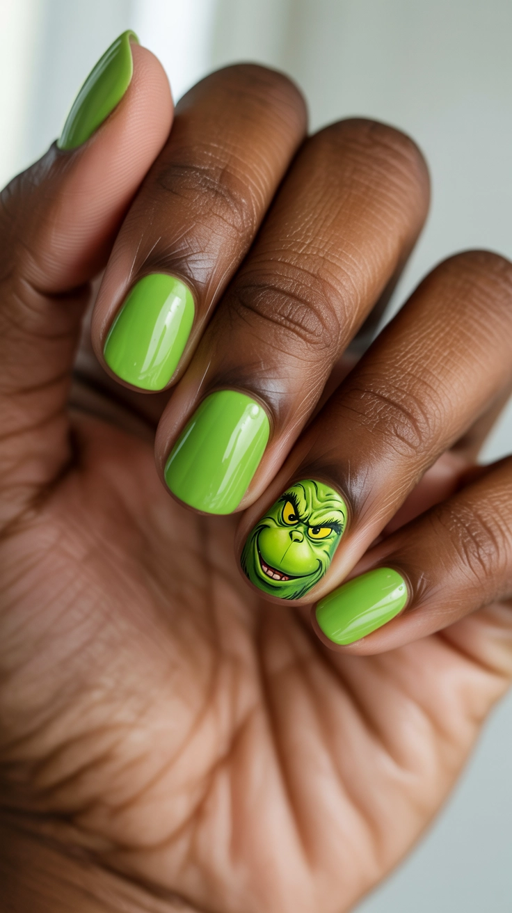 Bright lime green nails, featuring a fun, detailed artistic rendition of the Grinch on the accent nail.