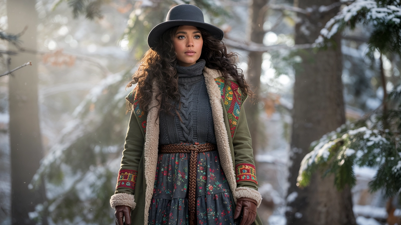 How to Master Cozy Sweater Boho Style This Winter 1 Effortless Cozy Sweater Boho Style: Layered winter look featuring a dark brown woman in a long embroidered jacket and velvet skirt against a snowy background.