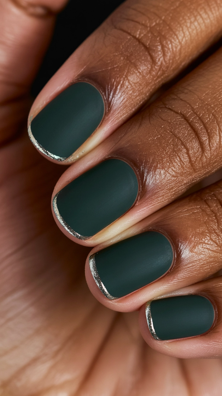 Deep forest green nails finished in a matte top coat, accented by a fine, sparkling silver glitter line along the very edge of the tips.