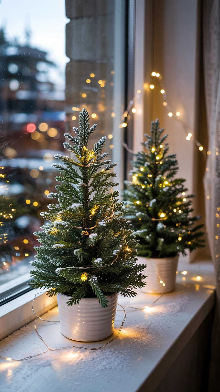 Two small, lit evergreen trees placed on a windowsill at night, showing their silhouettes clearly against the dark windowpane for a simple Christmas look.