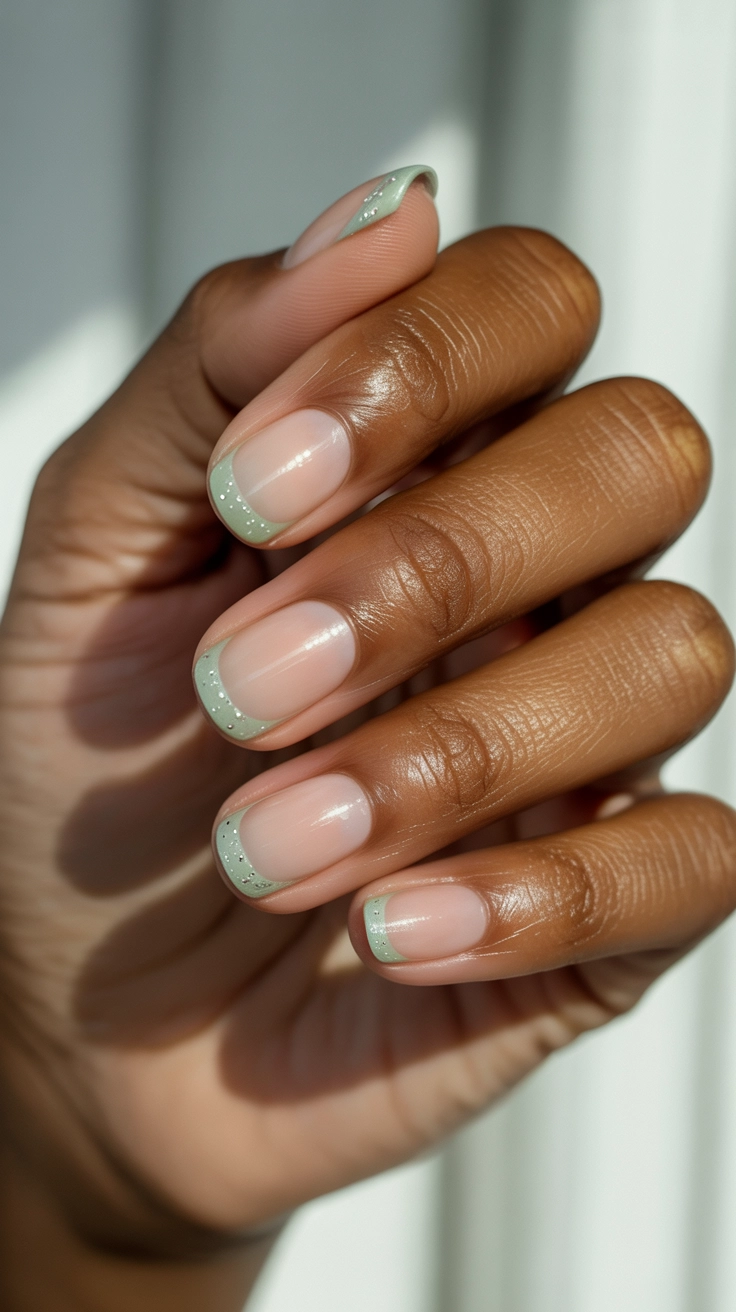 A natural French manicure with tips painted in a soft, icy mint green micro-glitter polish.