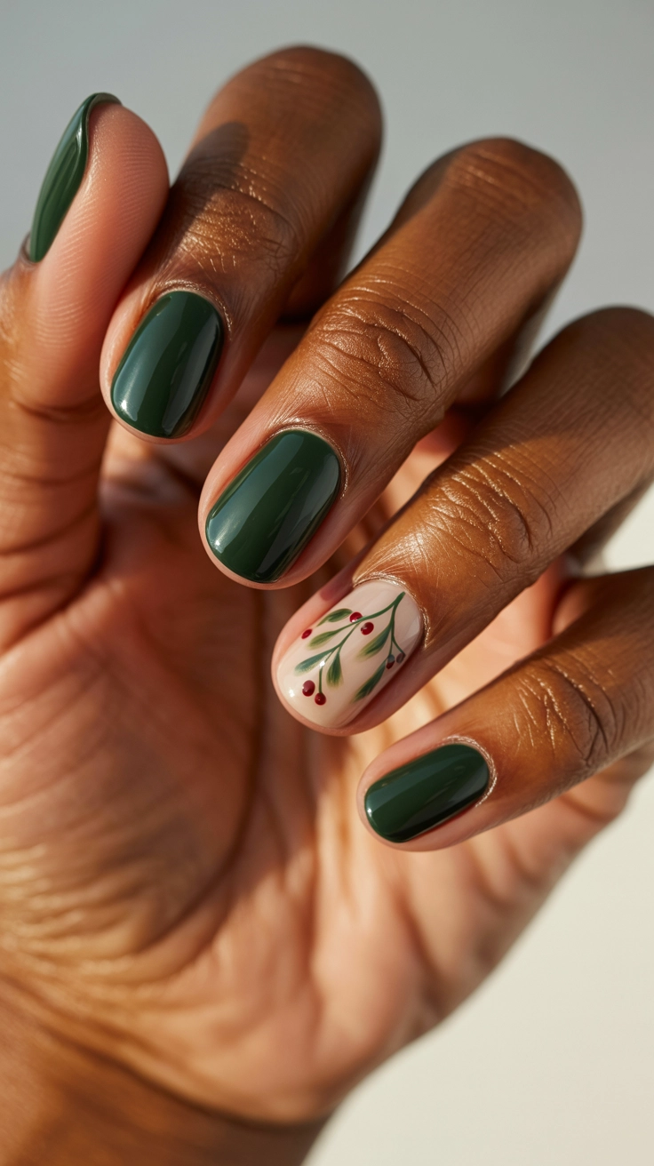 Forest green manicure with an accent nail featuring a delicate, hand-painted sprig of mistletoe with red berries.