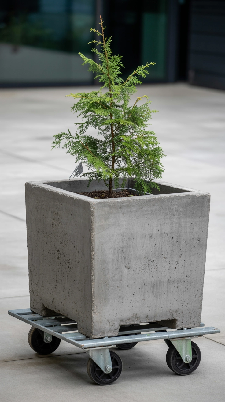 22 Deck Planter Ideas to Transform Your Outdoor Space 20 Large, heavy concrete planter holding a small tree placed on a wheeled plant caddy for mobility.