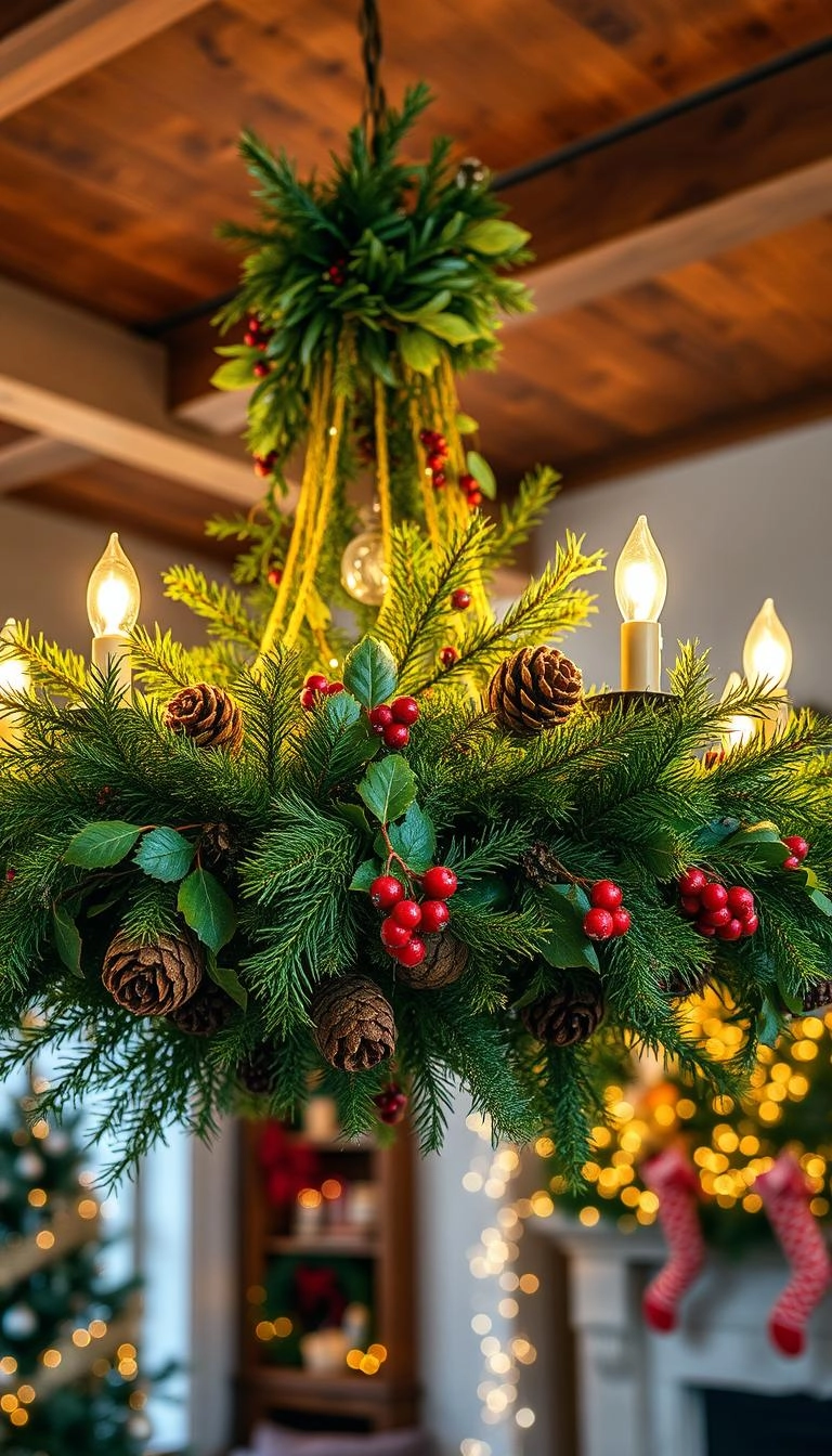 20 Festive Christmas Chandelier Decorating Ideas 17 Natural chandelier Christmas decor