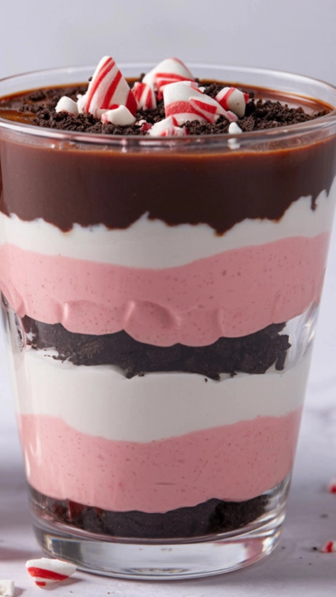 Festive Chocolate Peppermint Bark Parfaits 4 Parfait served in a glass on a festive table.