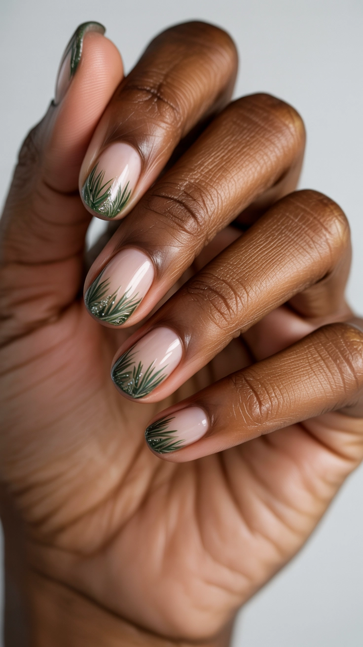 Short nails featuring a natural base and tips painted with a textured, shimmering metallic dark green polish, resembling pine needles.