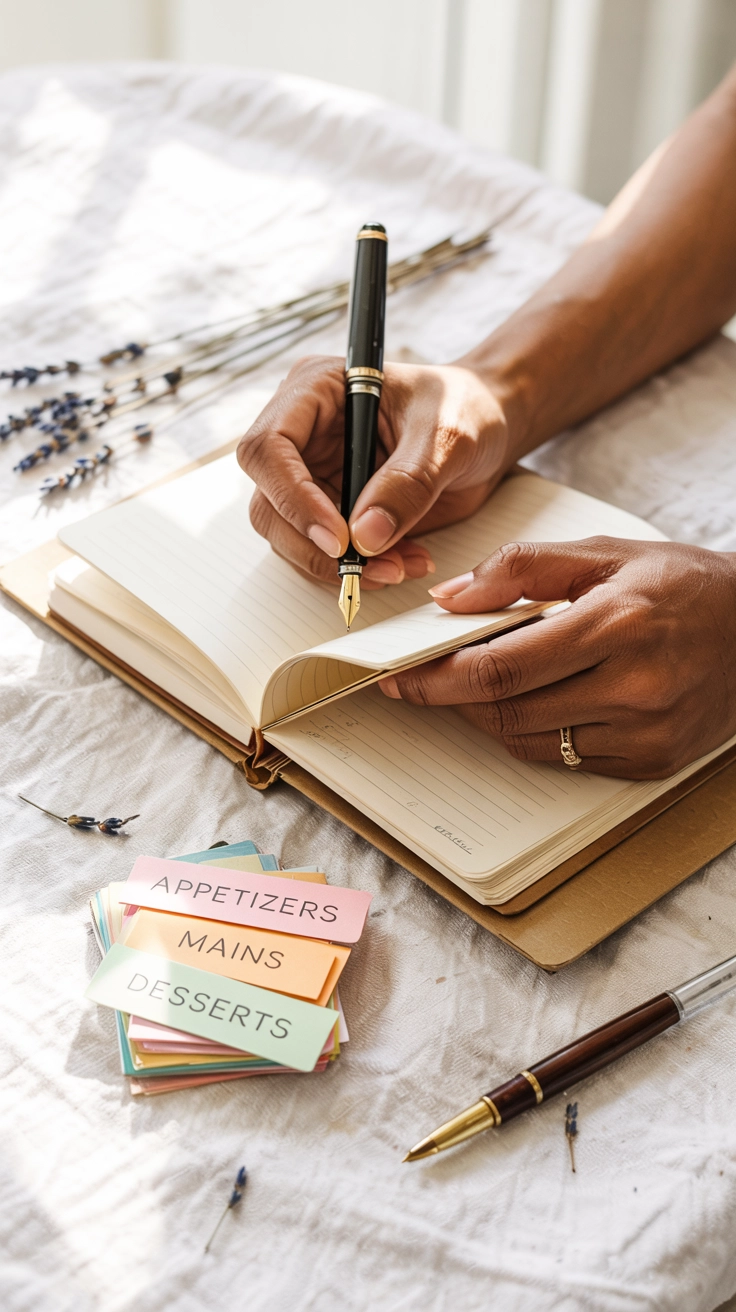 How to Create a Party Food Table Without Overthinking It 2 A close-up flat lay of a notebook with a pen, showing a hand writing a party budget and guest list. Color-coded index cards are next to it, simplifying the menu planning process.
