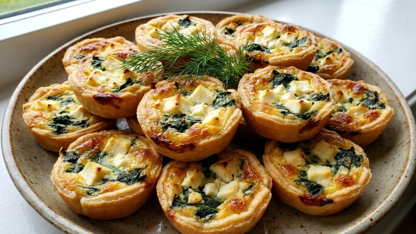 Easy Mini Quiches with Spinach and Feta 1 Platter of golden mini quiches with spinach and feta.
