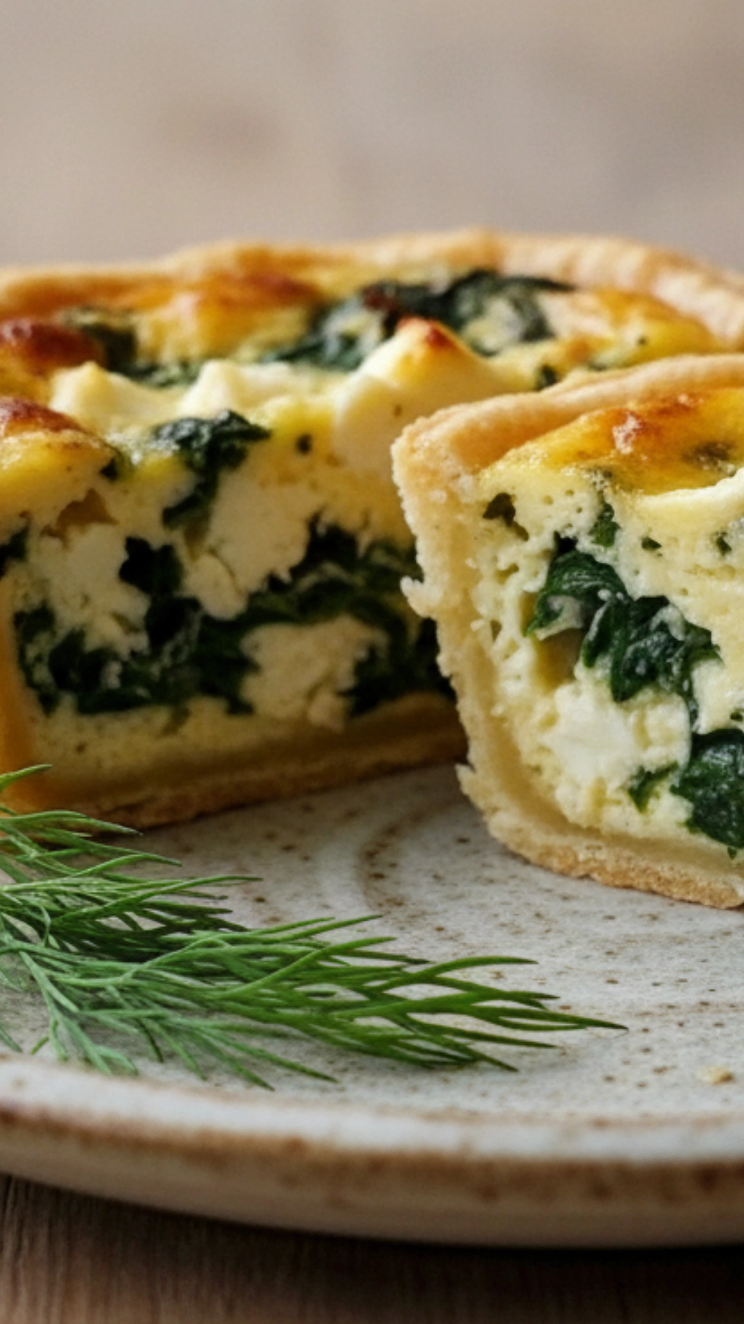 Easy Mini Quiches with Spinach and Feta 4 Mini quiche sliced in half showing creamy spinach filling.
