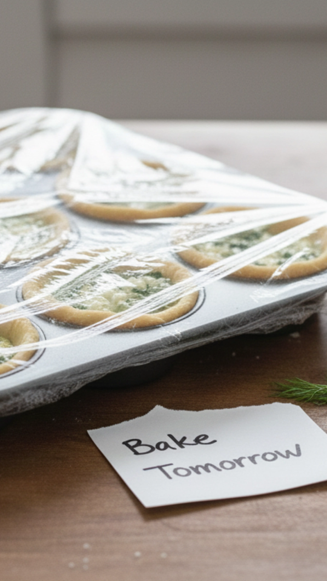 Easy Mini Quiches with Spinach and Feta 5 Unbaked mini quiches in a tin covered for overnight prep.