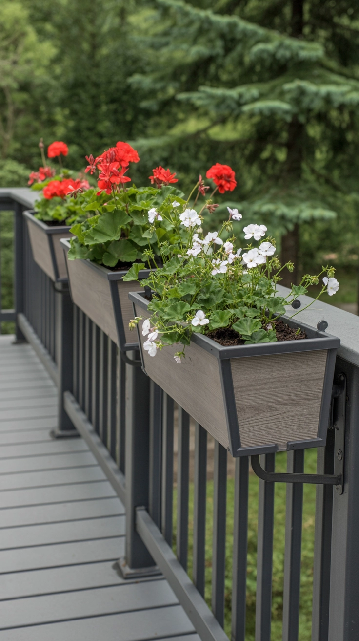 22 Deck Planter Ideas to Transform Your Outdoor Space 3 Gray planter boxes secured over a dark deck railing, full of red and white cascading flowers.