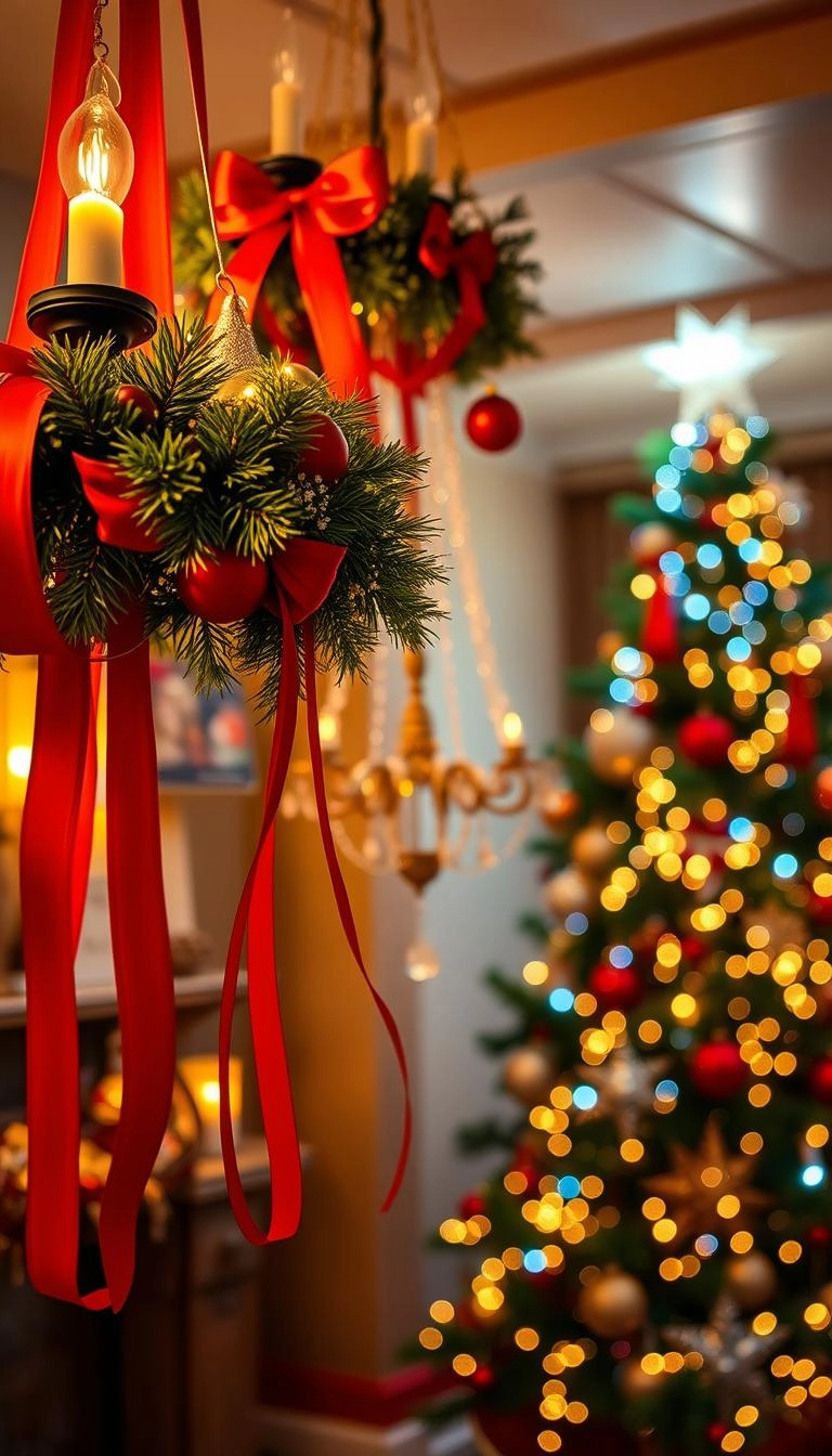 20 Festive Christmas Chandelier Decorating Ideas 3 Red ribbon chandelier decor