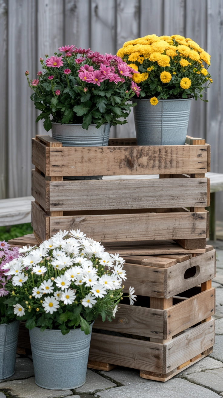 22 Deck Planter Ideas to Transform Your Outdoor Space 4 Three wooden apple crates stacked and repurposed as rustic planters holding potted flowering mums.