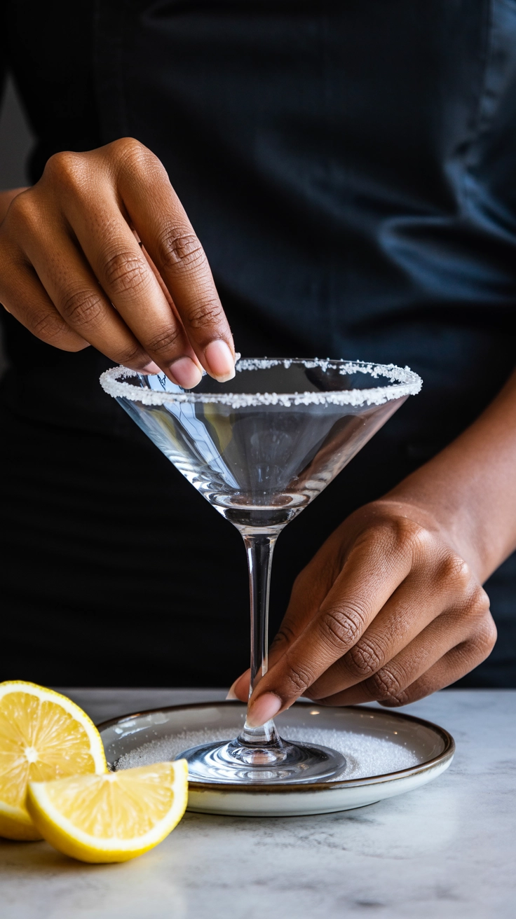 How to Make the Best Cranberry Lemon Drop Martini 2 A close-up of hands coating the rim of a martini glass with white granulated sugar using a lemon wedge.