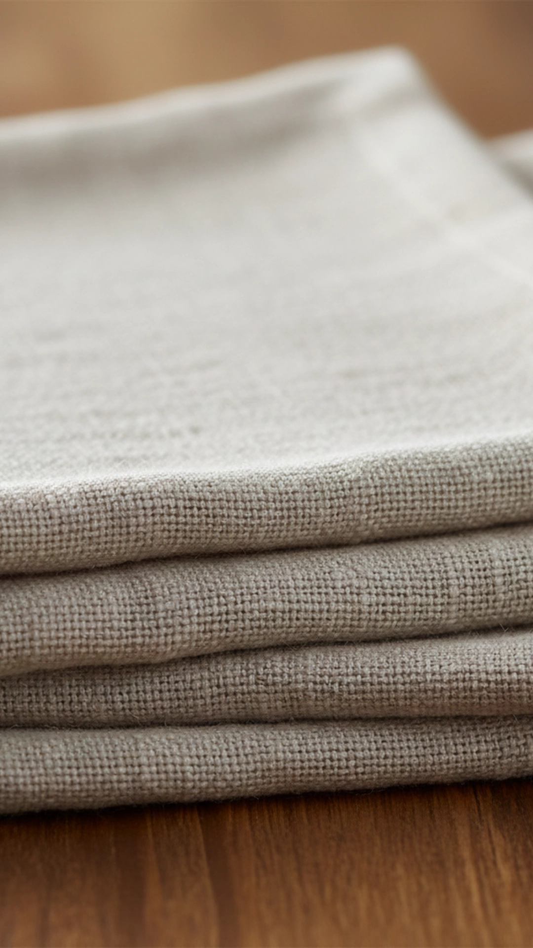 Stack of rough-textured, unbleached muslin cloth napkins, emphasizing the natural fibers and simple texture.
