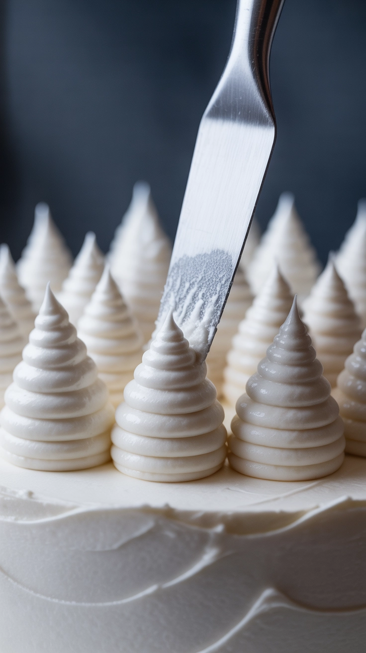 A close-up showing a palette knife creating beautiful, stiff peaks in royal icing on a Christmas Cake.